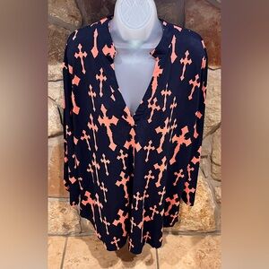 Cowgirl Hardware Tunic Blouse Top Navy Blue Coral Crosses Women's 3X Low V-Neck